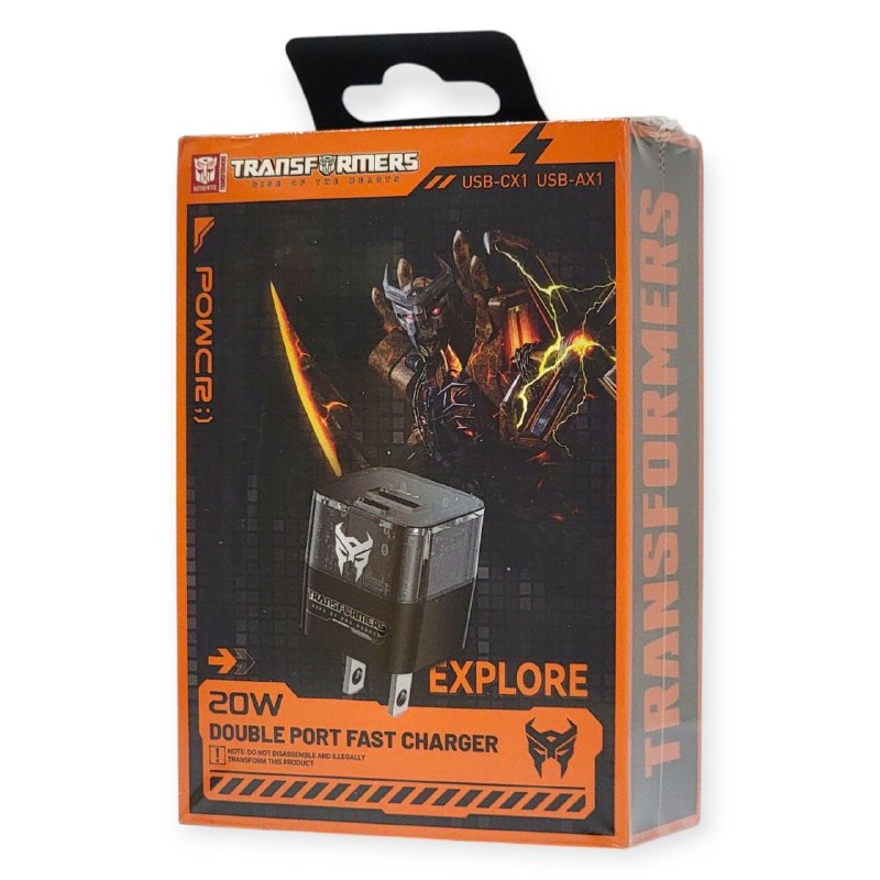 CARGADOR RAPIDO, CUBO DE CARGA RAPIDA DE 20W, SOBLE PUERTO USBC Y USB A, TRANSPARENTE, CHIP INTELIGENTE, NO INCLUYE CABLE, TRANSFORMERS RISE OF THE BEASTS EXPLORE