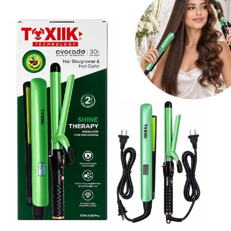 SET DE PLANCHA ALISADORA Y RIZADOR PARA CABELLO CON AGUACATE Y MACADAMIA TOXIIK