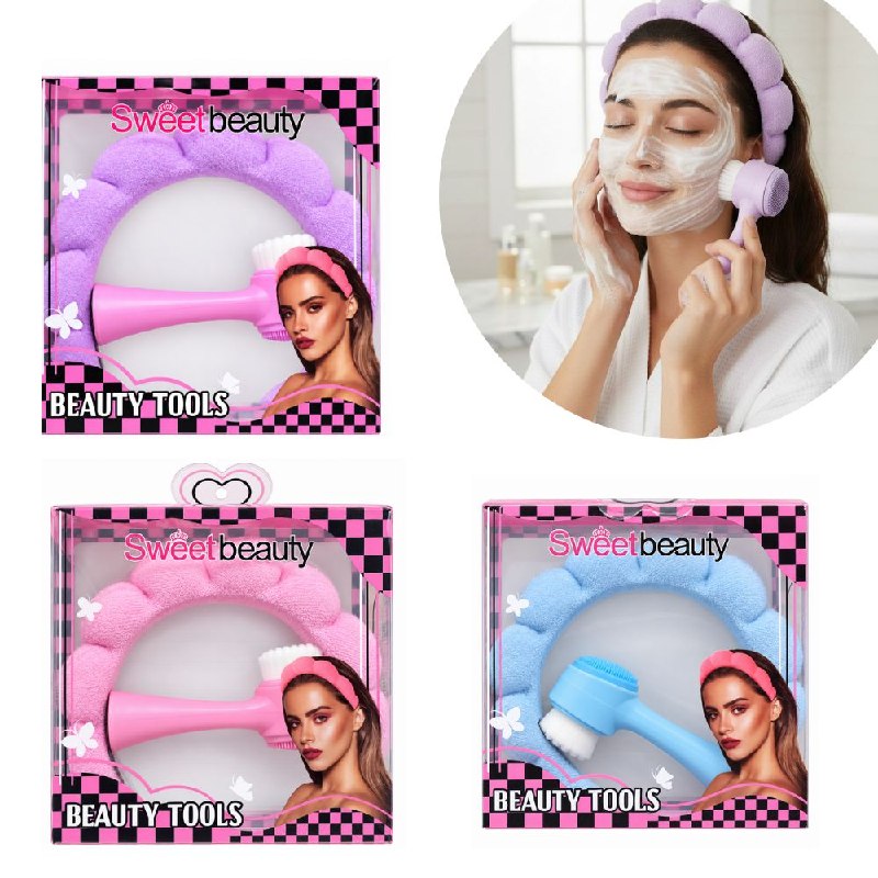 KIT DE CUIDADO FACIAL Y LIMPIEZA DE VINCHA Y CEPILLO FACIAL LIMPIADOR SWEET BEAUTY