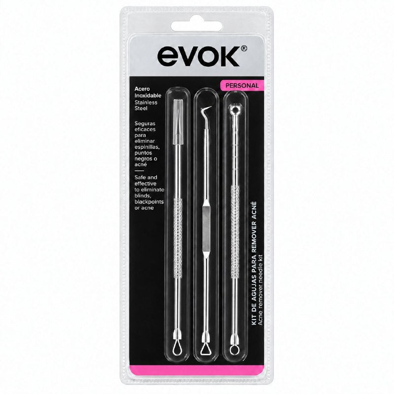 SET DE HERRAMIENTAS PARA EXTRACCION DE IMPUREZAS COMO ACNE Y PUNTOS NEGROS DE ACERO INOXIDABLE EVOK 3PCS