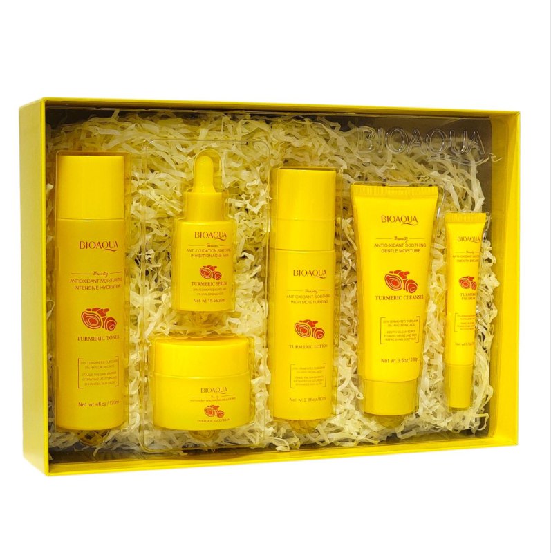 SET DE CUIDADO FACIAL DE CURCUMA DE 6 PIEZAS, EFECTO ANTIOXIDANTE, HIDRATANTE Y TIERNA EN LA PIEL BIOAQUA TURMERIC
