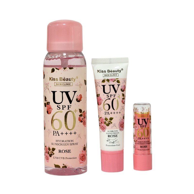 SET DE PROTECCION SOLAR Y CUIDADO HIDRATANTE CON EXTRACTO DE ROSA 3PCS KISS BEAUTY