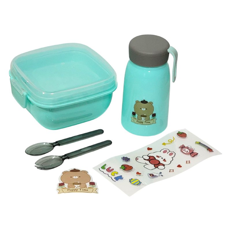 LONCHERA EN KIT CON CUBIERTOS, BOTE Y STICKERS VARIOS ESTILOS