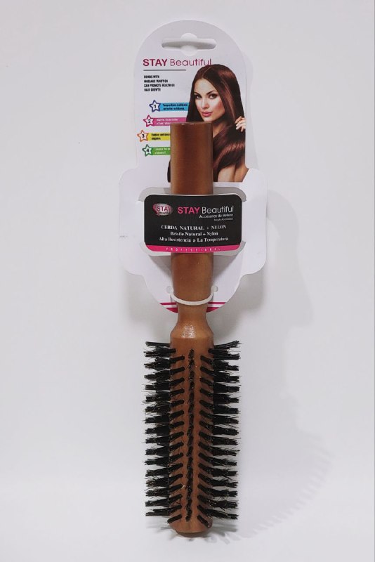 CEPILLO PARA EL CABELLO REDONDO DE MADERA CERDA NATURAL NYLON ALTA RESISTENCIA TEMPERATURA STAY BEAUTIFUL