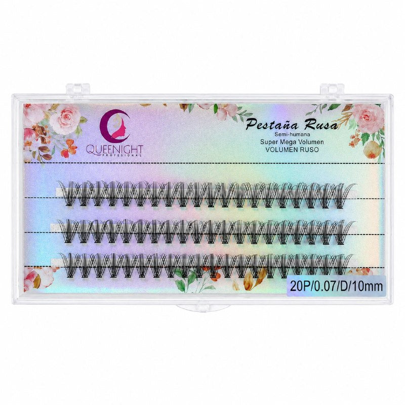 SET DE 60 PESTAÑAS RUSAS SEMIHUMANAS MEGA VOLUMEN 20P 0.07MM CURVA D 10MM QUEENIGHT PROFESSIONAL 1 UND