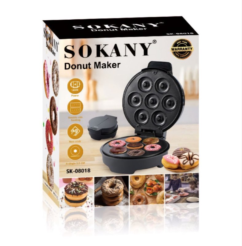MAQUINA DE MINI DONAS SK-08018, RECUBRIMIENTO ANTIADHERENTE, PLASTICO RESISTENTE AL CALOR, INDICADOR DE POTENCIA, FACIL DE USAR, 1200W DE FUERZA, 5.5CM CADA DONA SOKANY