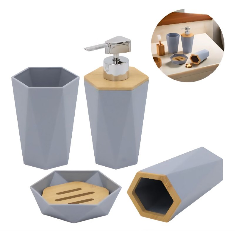 DISPENSADOR DE JABON LIQUIDO EN SET PARA BAÑO DE 4 PIEZAS, DISFRUTA DE UN BAÑO ORDENADO Y ELEGANTE
