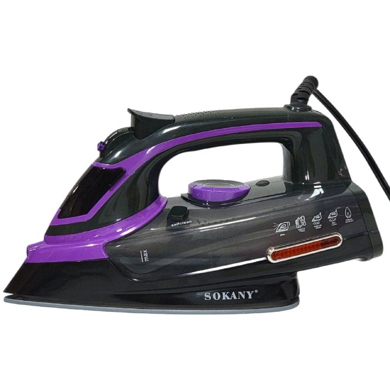 MAQUINA PLANCHA DE ROPA DE VAPOR, FUNCION SECO, VAPOR, AEROSOL, BOTON DE PULVERIZACION, SUELA DE CERAMICA, CONTROL DE TEMPERATURA, 2400W, TANQUE DE AGUA 380ML SOKANY SK-11016