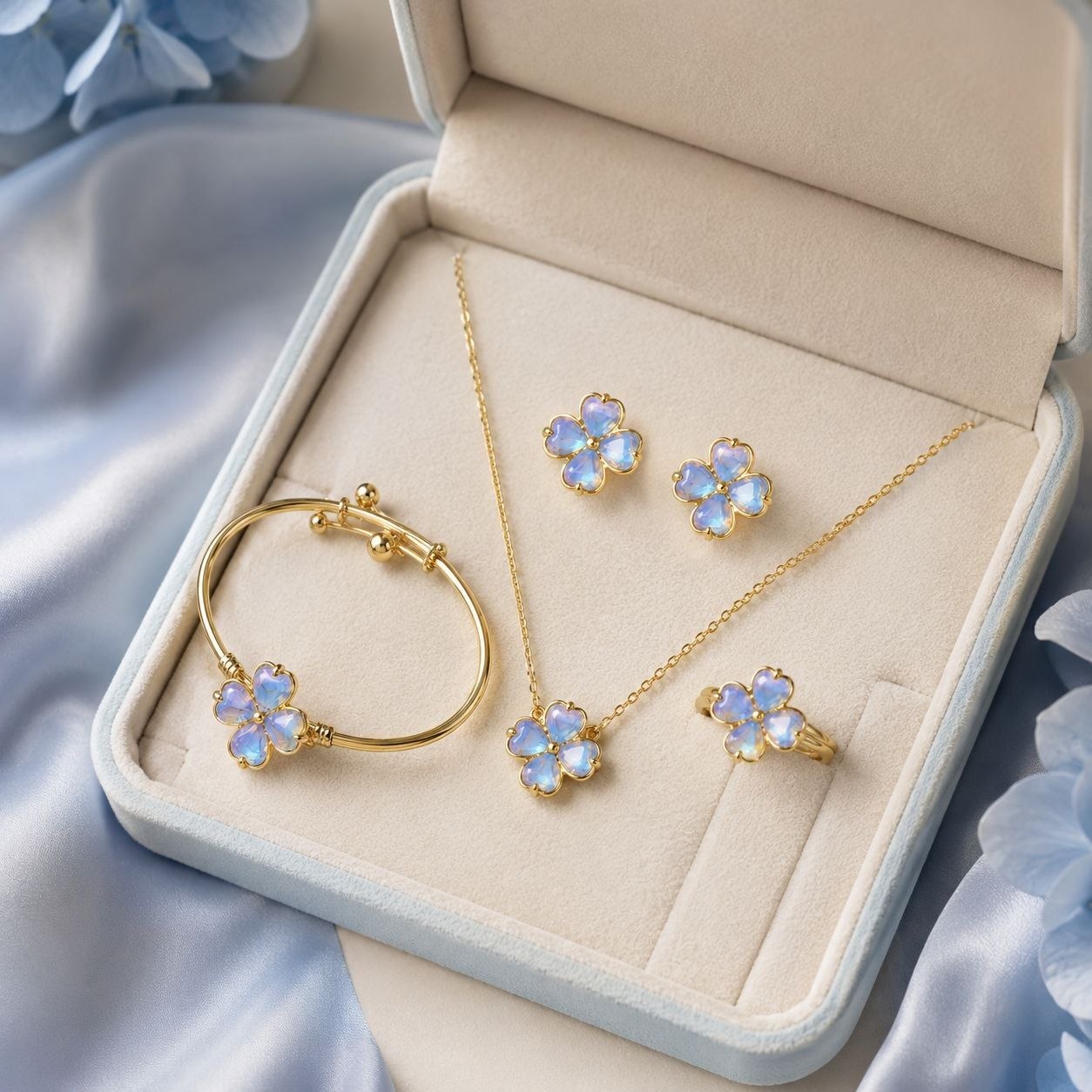SET DE ENCHAPE PARA NIÑA CADENA, DIJE, TOPOS, PULSERA Y ANILLO FLOR / TRÉBOL AZUL TORNASOL