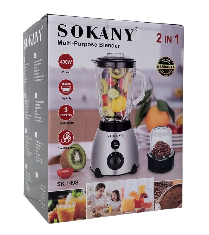 MAQUINA LICUADORA MULTIUSOS 400W FUERZA, 3 VELOCIEDADES SK-1495 SOKANY 1500ML