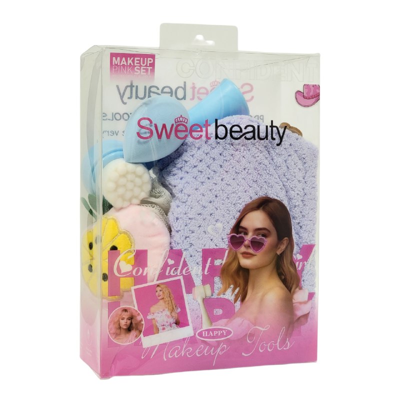 KIT DE CUIDADO PERSONAL, ESPONJA MAQUILLAJE, TOALLA PELO, CEPILLO FACIAL, ESPONJA CORPORAL SWEET BEAUTY