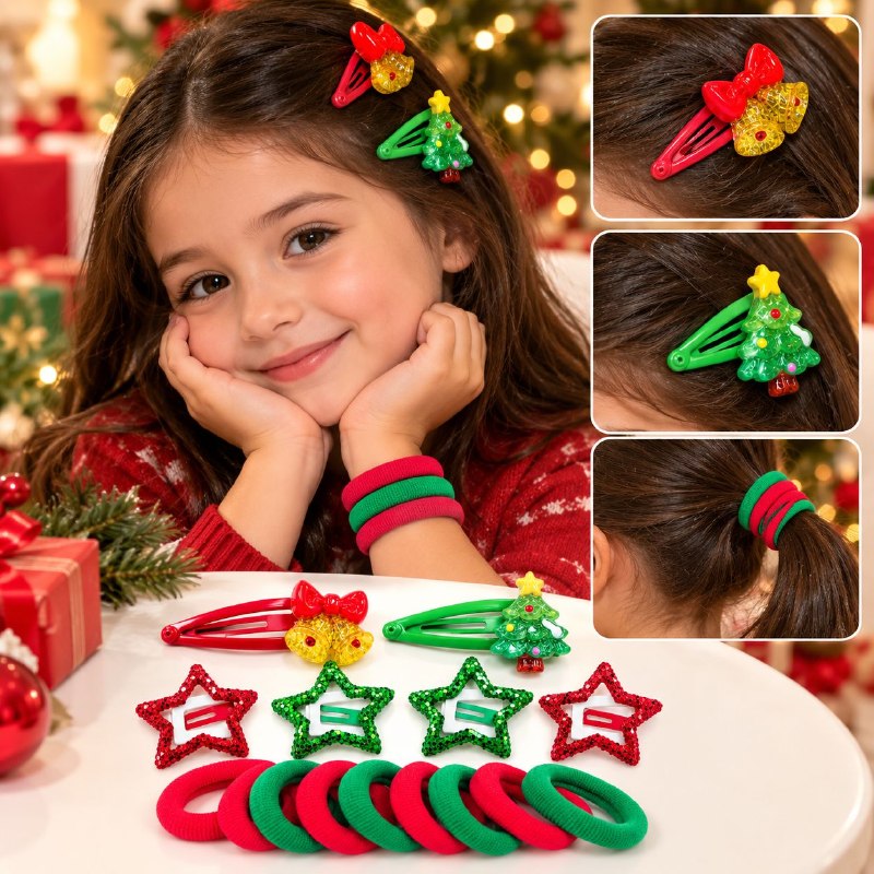 SET DE ACCESORIOS PARA EL CABELLO CON DISEÑOS NAVIDEÑOS PARA NIÑAS