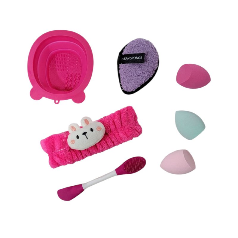 KIT DE CUIDADO FACIAL, ESPONJAS MAQUILLAJE, ESPONJA LAVADO FACIAL, VINCHA ELASTICA, MINI BOWL PLEGABLE PARA LAVAR BROCHAS KISS LOVELY