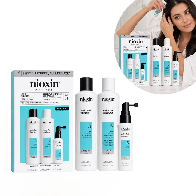 SET DE 3 PASOS EN FORMATO DE VIAJE PARA CABELLO TEÑIDO CON DEBILITAMIENTO LEVE, EFECTO ANTICAIDA, PROTECTOR DE COLOR Y DENSIFICADOR NIOXIN