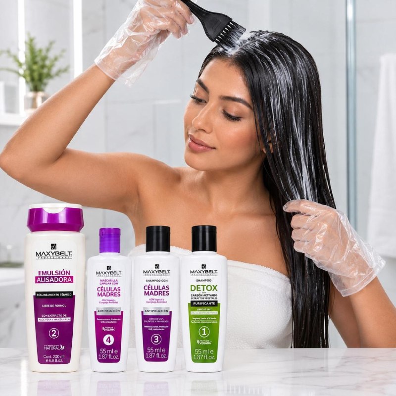 SET DE 6 PIEZAS DE ALISADO TEMPORAL PARA EL CABELLO CON KERATINA BRASILERA Y CELULAS MADRE MAXYBELT