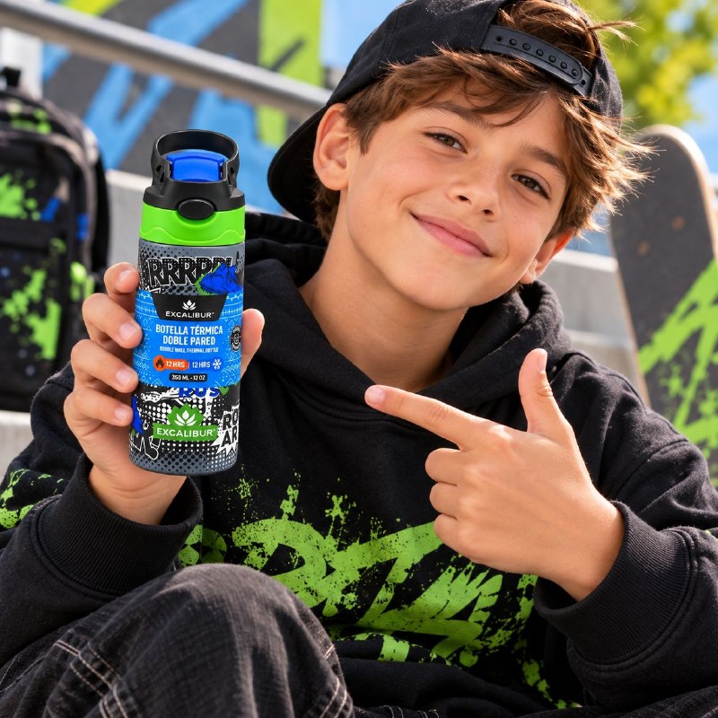 BOTELLA TERMICA DE DOBLE PARED CON ASA PARA NIÑOS EXCALIBUR 350ML