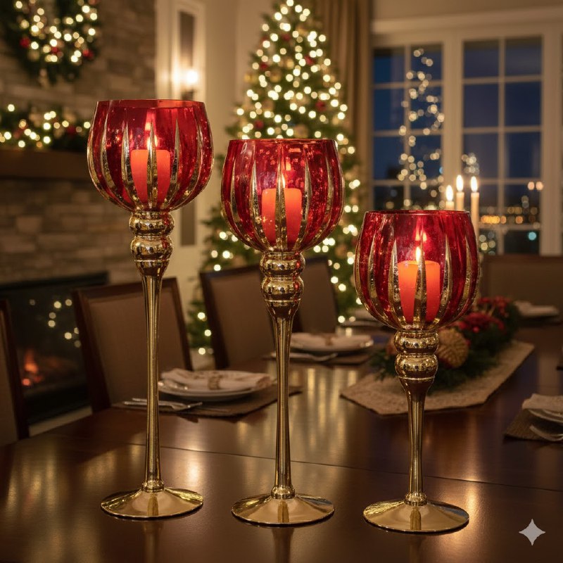 DECORACION CANDELERO EN SET DE 3 PIEZAS DE COPA CON TALLO DE CRISTAL ELEGANTE Y RESISTENTE 39CM, 35CM, 29CM