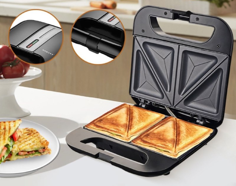 MAQUINA SANWICHERA SK-08056, RECUBRIMIENTO ANTIADHERENTE DE PLASTICO RESISTENTE AL CALOR, INDICADOR DE ENCENDIDO, 750W FUERZA, CALEFACCION DOBLE SOKANY