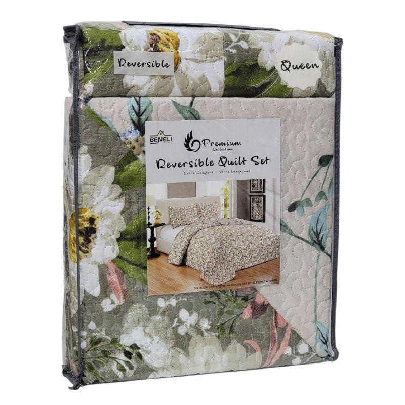 JUEGO DE SABANAS CAMERA EDREDON REVERSIBLE DE 3PCS QUEEN BENELI HOME