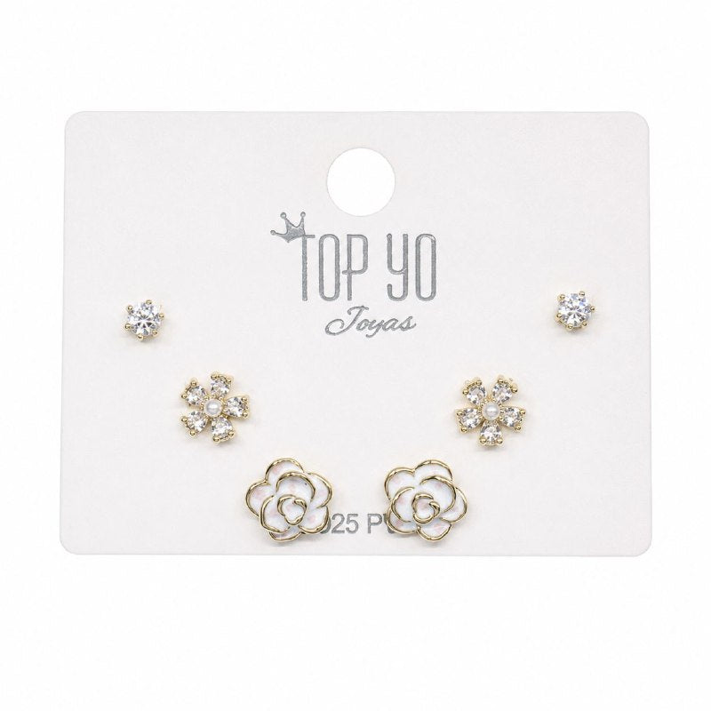 SET DE 3 PARES DE ARITOS DE ENCHAPE PARA DAMA CON DISEÑO DE FLOR