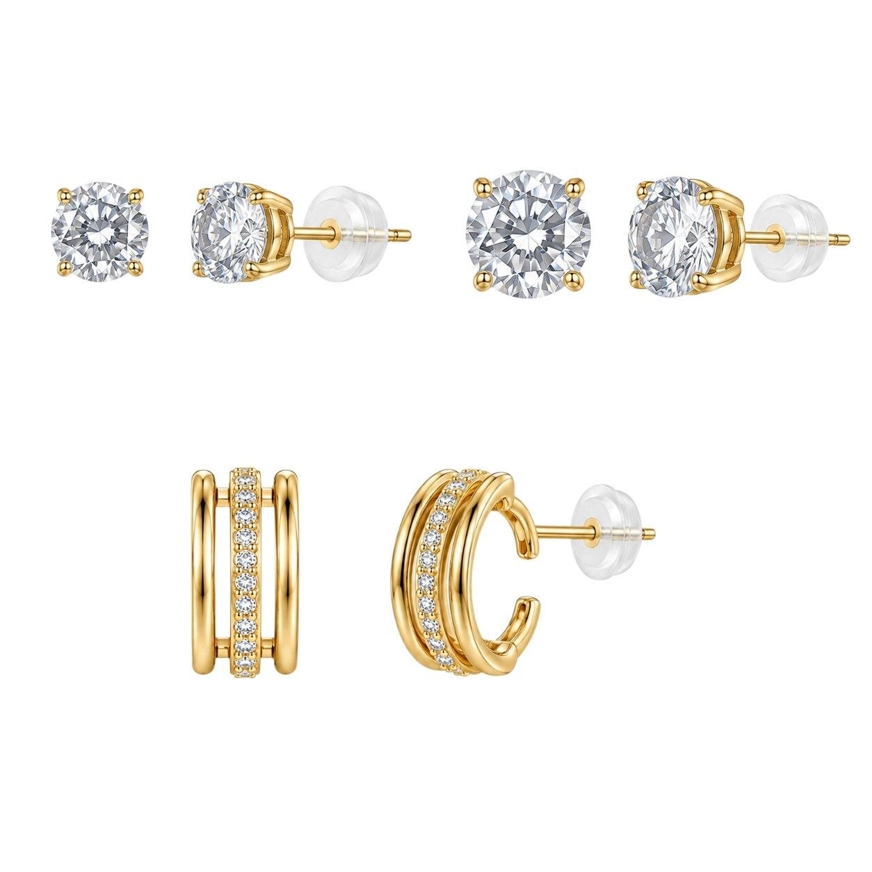 SET DE ARETES ENCHAPE PARA DAMA TRIPLE PAR CON AROS TRIPLE BANDA Y TOPOS DE CIRCÓN