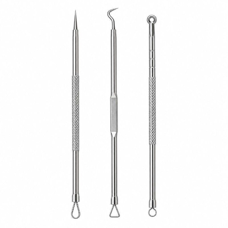 SET DE HERRAMIENTAS PARA EXTRACCION DE IMPUREZAS COMO ACNE Y PUNTOS NEGROS DE ACERO INOXIDABLE EVOK 3PCS