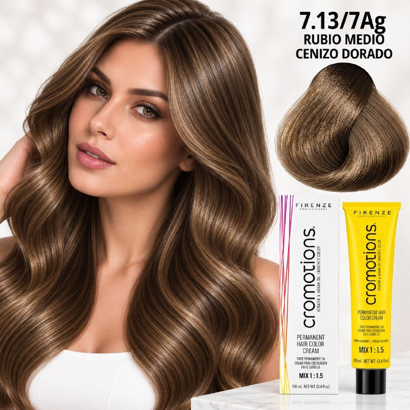 TINTE PERMANENTE PARA EL CABELLO EN CREMA RUBIO MEDIO CENIZO DORADO 7.13/ 7AG FIRENZE 100ML