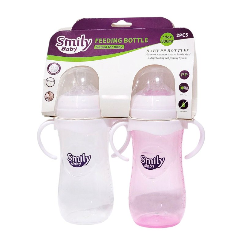 BIBERON CHUPON PARA BEBES EN SET DE 2 PIEZAS CON ASAS 330ML SMILY BABY