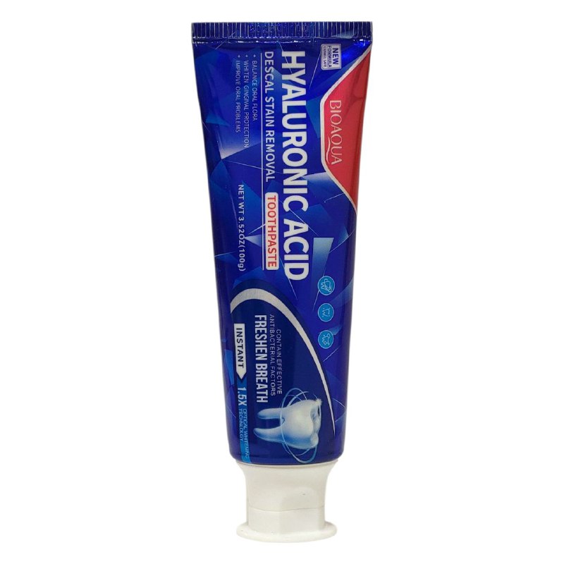 PASTA DE DIENTES, DE ACIDO HIALURONICO, ELIMINA MANCHAS DESCALCIFICADORAS, CREMA SUAVE Y DELICADAS, LIMPIA MANCHAS Y SARRO, FORTALECE LAS ENVIAS BIOAQUA 100G