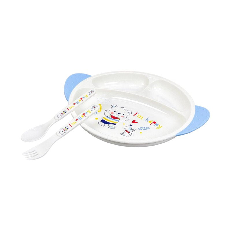 PLATO EN SET INFANTIL PARA BEBES 3 EN 1, PLATO CON COMPARTIMIENTOS, TENEDOR Y CUCHARA