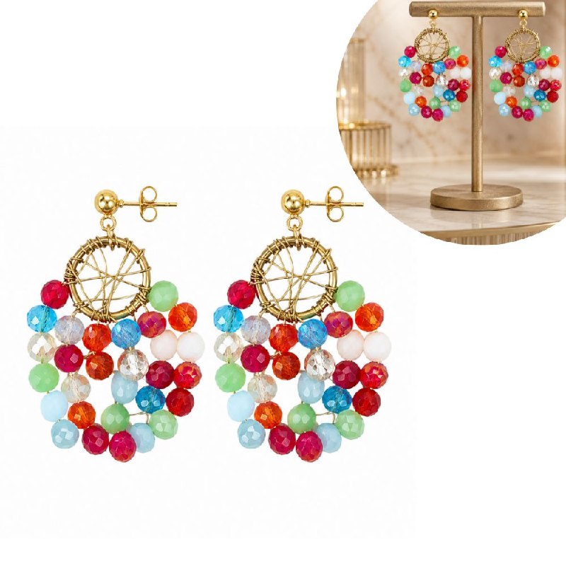 ARITOS DE ENCHAPE PARA DAMA CON DISEÑO DE ATRAPASUEÑOS Y PIEDRAS MULTICOLOR 4CM