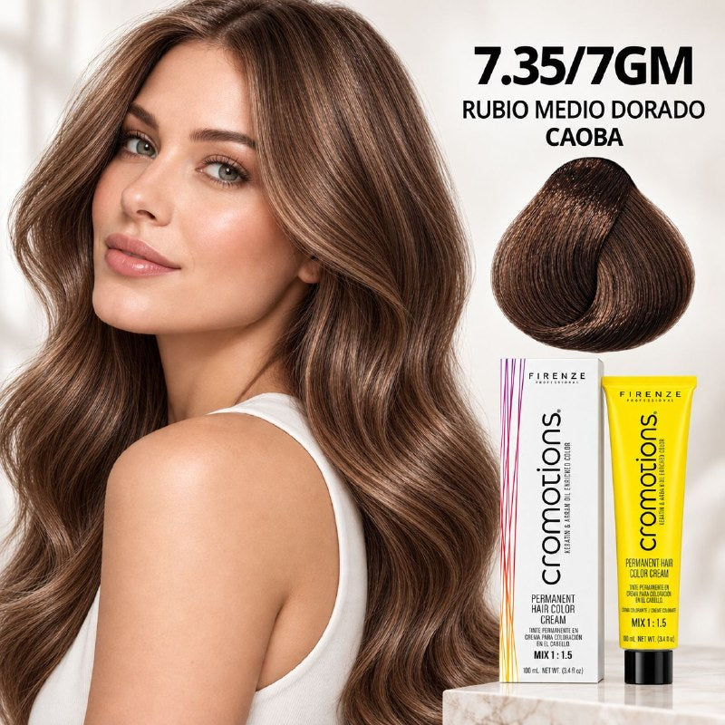 TINTE PERMANENTE PARA EL CABELLO EN CREMA RUBIO MEDIO DORADO CAOBA 7.35/ 7GM FIRENZE 100ML