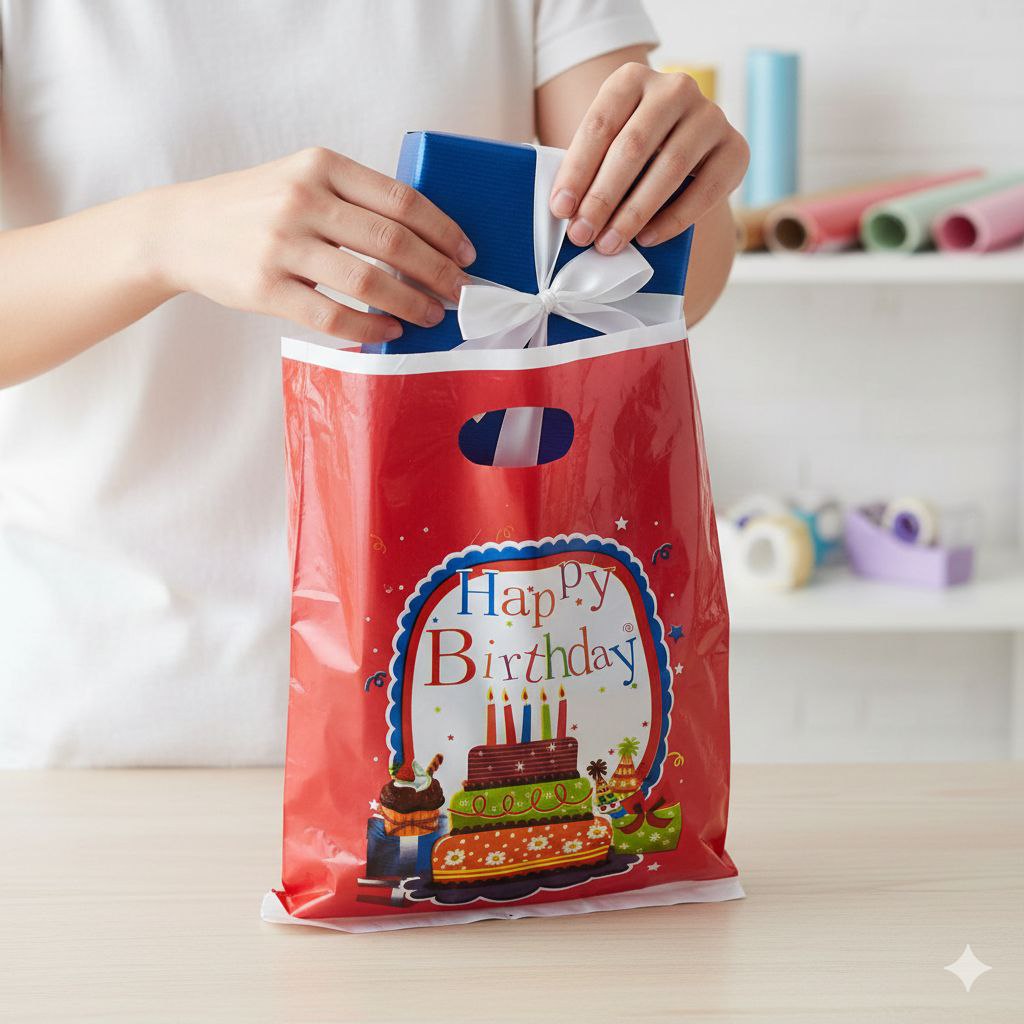 BOLSA DE REGALO PLASTICA MEDIANA 25X35CM, PAQUETE 100UND