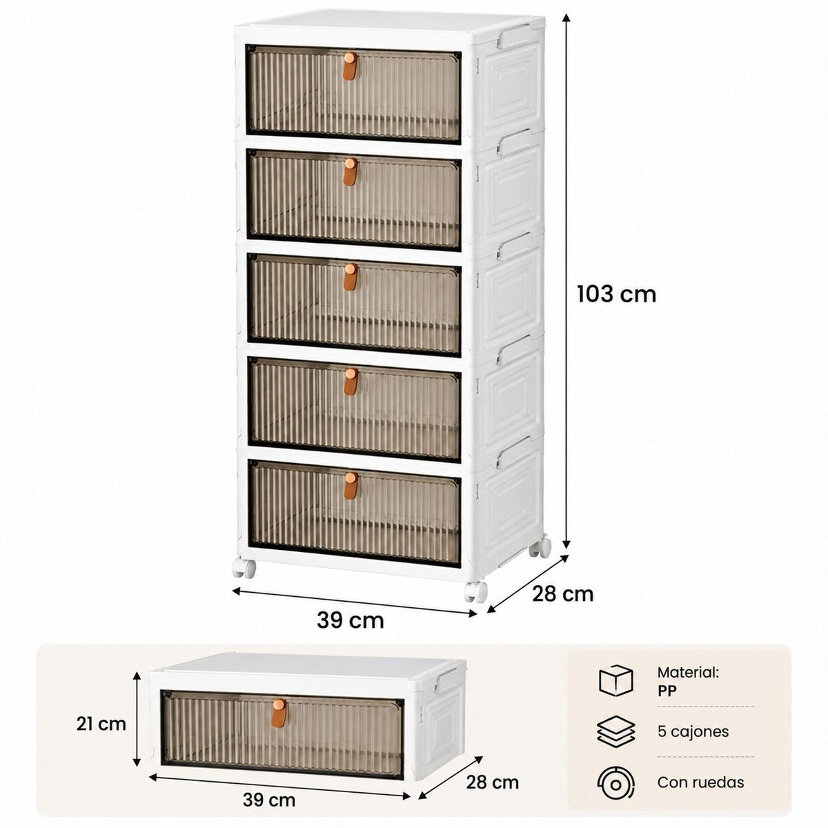 ORGANIZADOR MULTIUSOS DE 5 CAJONES CON PUERTAS TRANSPARENTES Y RUEDAS (39X28X103CM)