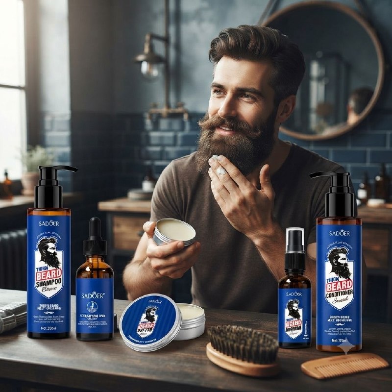 SET COMPLETO DE TRATAMIENTO, HIGIENE Y NUTRICIÓN DE ALTA DENSIDAD PARA LA BARBA SADOER PREMIUM BEARD CARE SYSTEM 5 PIEZAS
