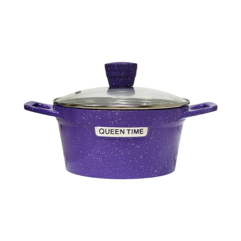 JUEGO DE COCINA, OLLAS DE COCINA DE 5 PIEZAS, CON ACABADO MORADO CON EFECTO GRANITO ELEGANTE Y TAPAS DE VIDRIO TEMPLADO QUEEN TIME