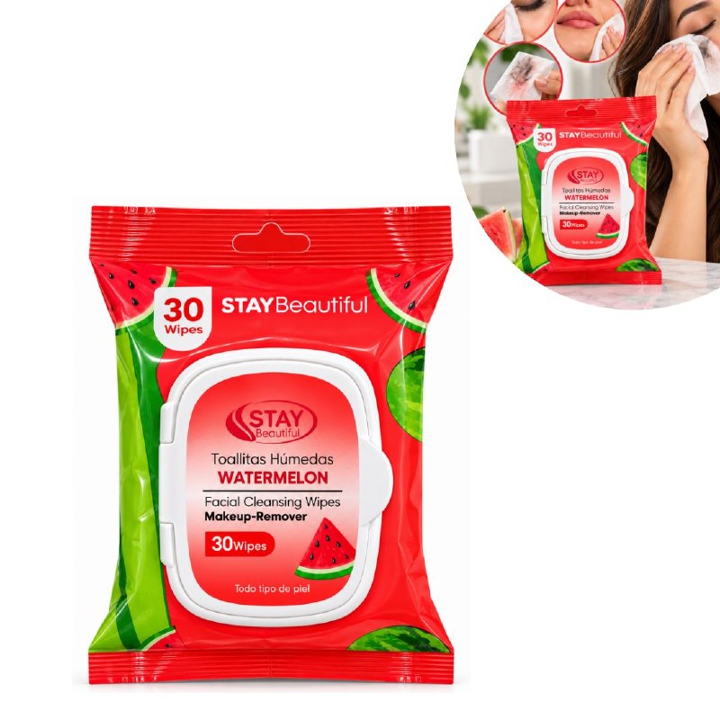 TOALLITAS HUMEDAS FACIALES DESMQUILLANTES Y LIMPIADORAS DE SANDIA STAY BEAUTIFUL 30UND