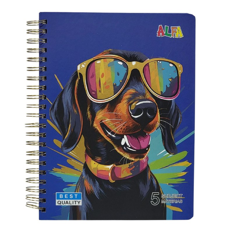 CUADERNO LIBRETA DE ESPIRAL RAYADO DE 5 MATERIAS, 4 DISEÑO 21X28CM ALFA
