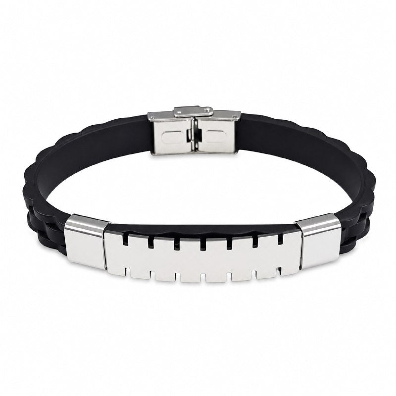 PULSERA PARA CABALLERO DE SILICONA NEGRA CON PLACA ENCHAPADA Y DETALLES DENTADOS