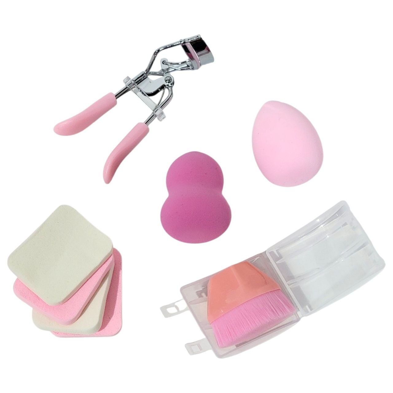 SET DE HERRAMIENTAS DE BELLEZA RIZADOR DE PESTAÑAS ESPONJAS TIPO BEAUTY BLENDER Y BORLAS YH BEJA COSMETICS