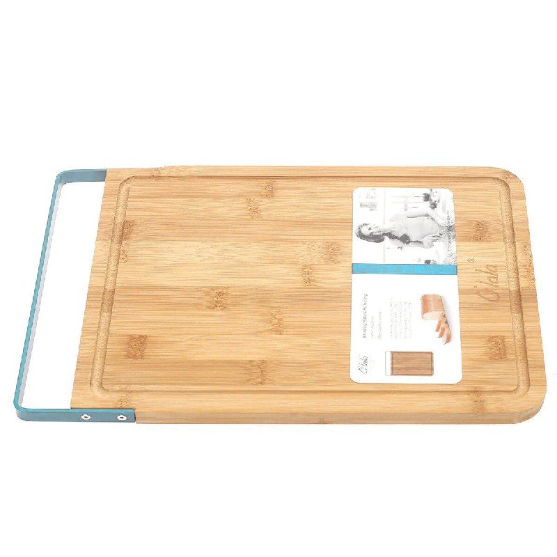TABLAS DE PICAR DE MADERA DE BAMBU CON MANGO METALICO 32X23X2CM