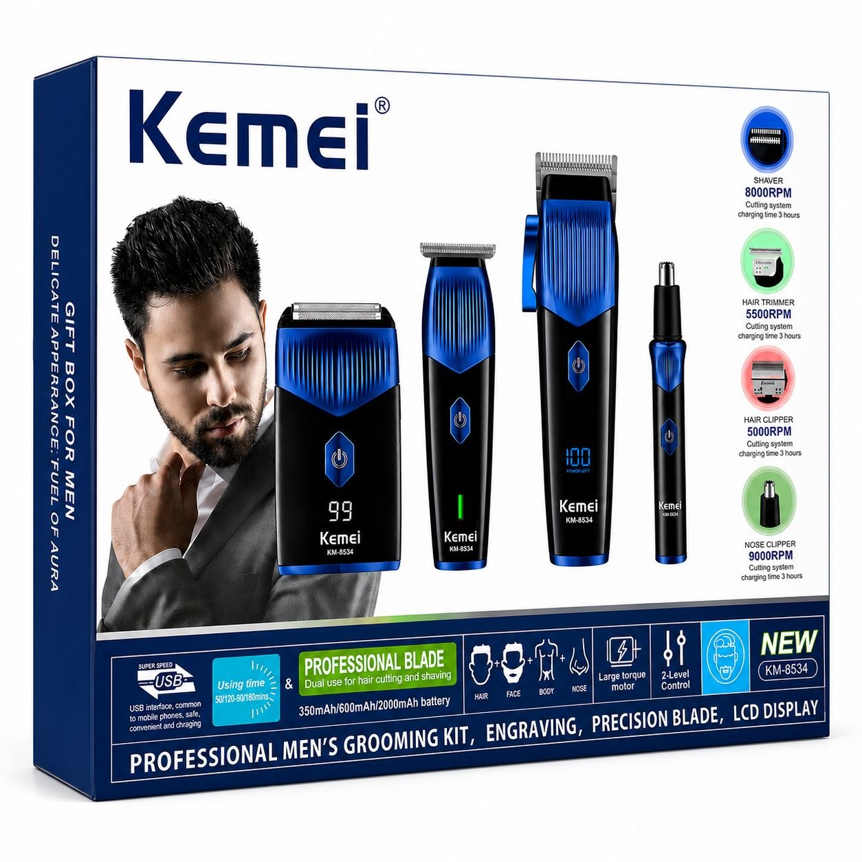 KIT PROFESIONAL 4 DE 17 PIEZAS PARA HOMBRES AFEITADORA CABEZAL, AFEITADORA PARA BARBA, AFEITAFORA PARA CUERPO, AFEITADORA PARA NARIZ Y OREJAS KEMEI  19CM, 14CM, 12CM