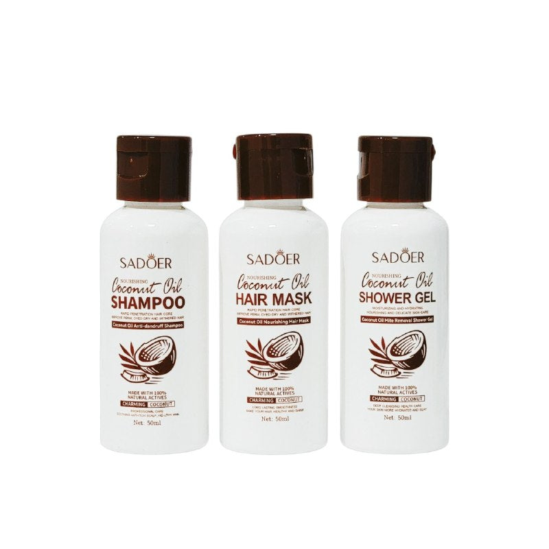 SHAMPOO PARA EL CABELLO EN SET DE 3 PIEZAS DE ACEITE DE COCO NUTRITIVO SADOER SHAMPOO 50ML, MASCARILLA CAPILAR 50ML, GEL DE DUCHA 50ML