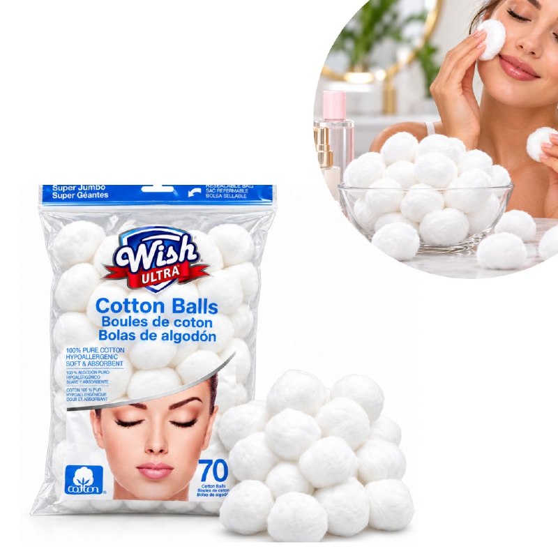 PAQUETE DE BOLAS DE ALGODON 100% PURO PARA CUIDADO PERSONAL Y DESMAQUILLANTE WISH 70UND