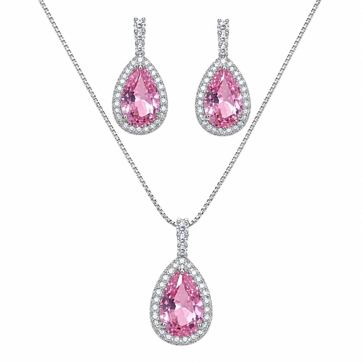 SET DE ENCHAPE PARA DAMA CADENA, DIJE Y ARETES GOTA ROSA CON HALO DE CIRCONES