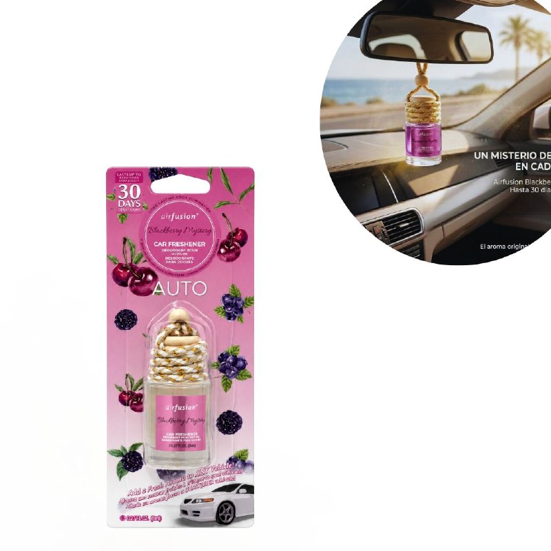 AMBIENTADOR COLGANTE PARA AUTO CON AROMA A MORA MISTERIOSA AIR FUSION 8ML