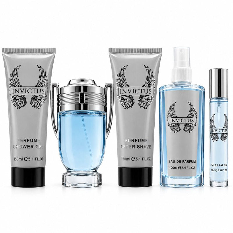 SET INVICTUS EDP 100ML, EDP 15ML, SPLASH PERFUMADO 100ML, SHOWER GEL 150ML, AFTER SHAVE 150ML (H) (AROMA SIMILAR PACO RABANNE INVICTUS)