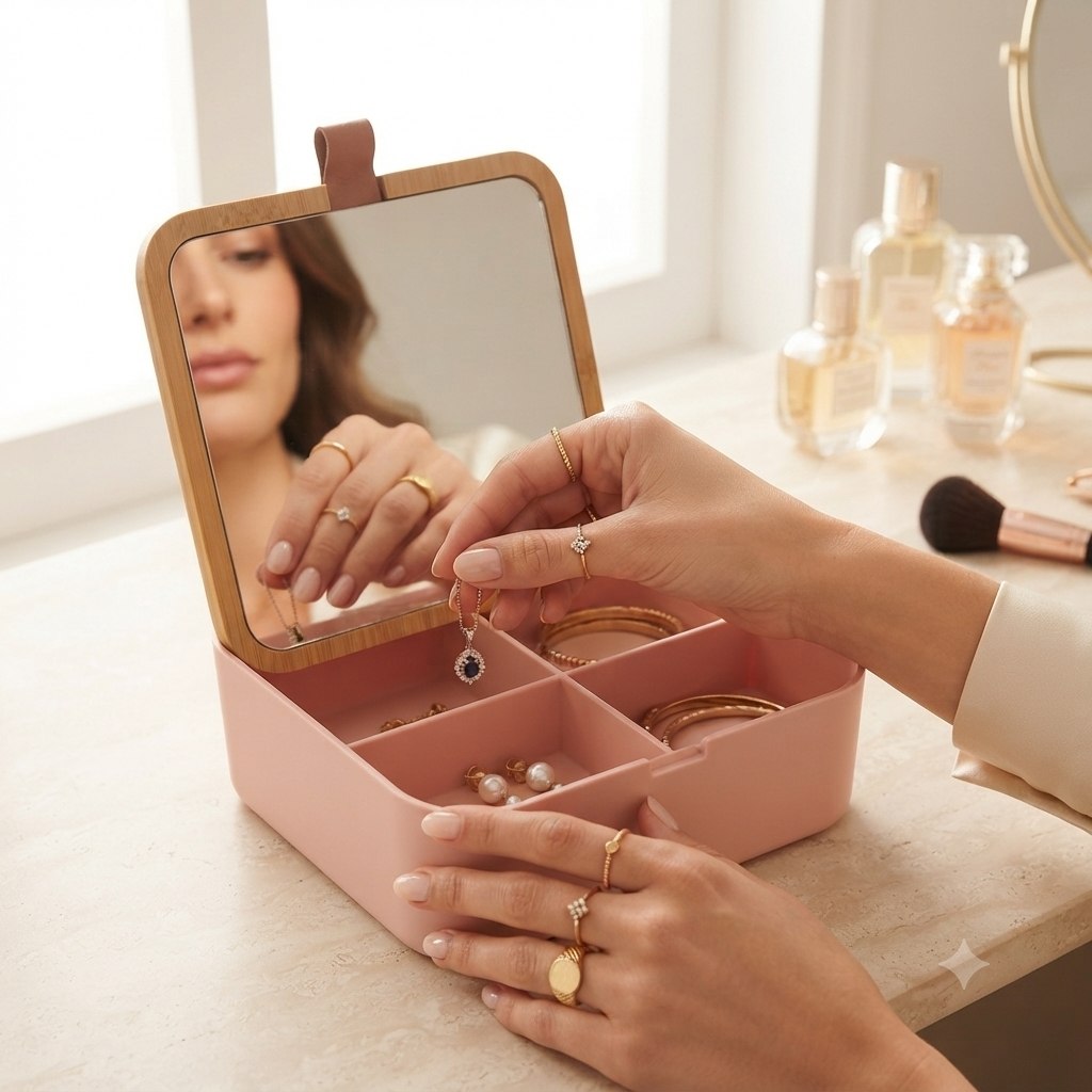 MINI ORGANIZADOR CON ESPEJO COMPACTO PARA RETOQUES RÁPIDOS DE MAQUILLAJE 15x15CM