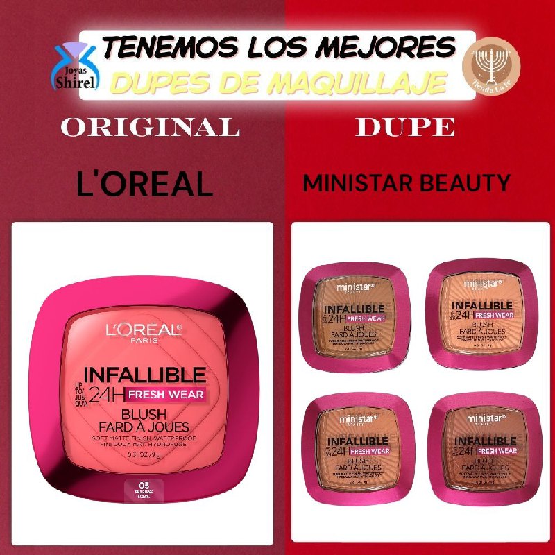 BLUSH EN POLVO INFALIBLE DE LARGA DURACION 8G DUPE DE LOREAL, RUBORT ROSA DE TEXTURA LIGERA Y FINA CON COBERTURA MODULABLE Y COLOR INTENSO MINISTAR