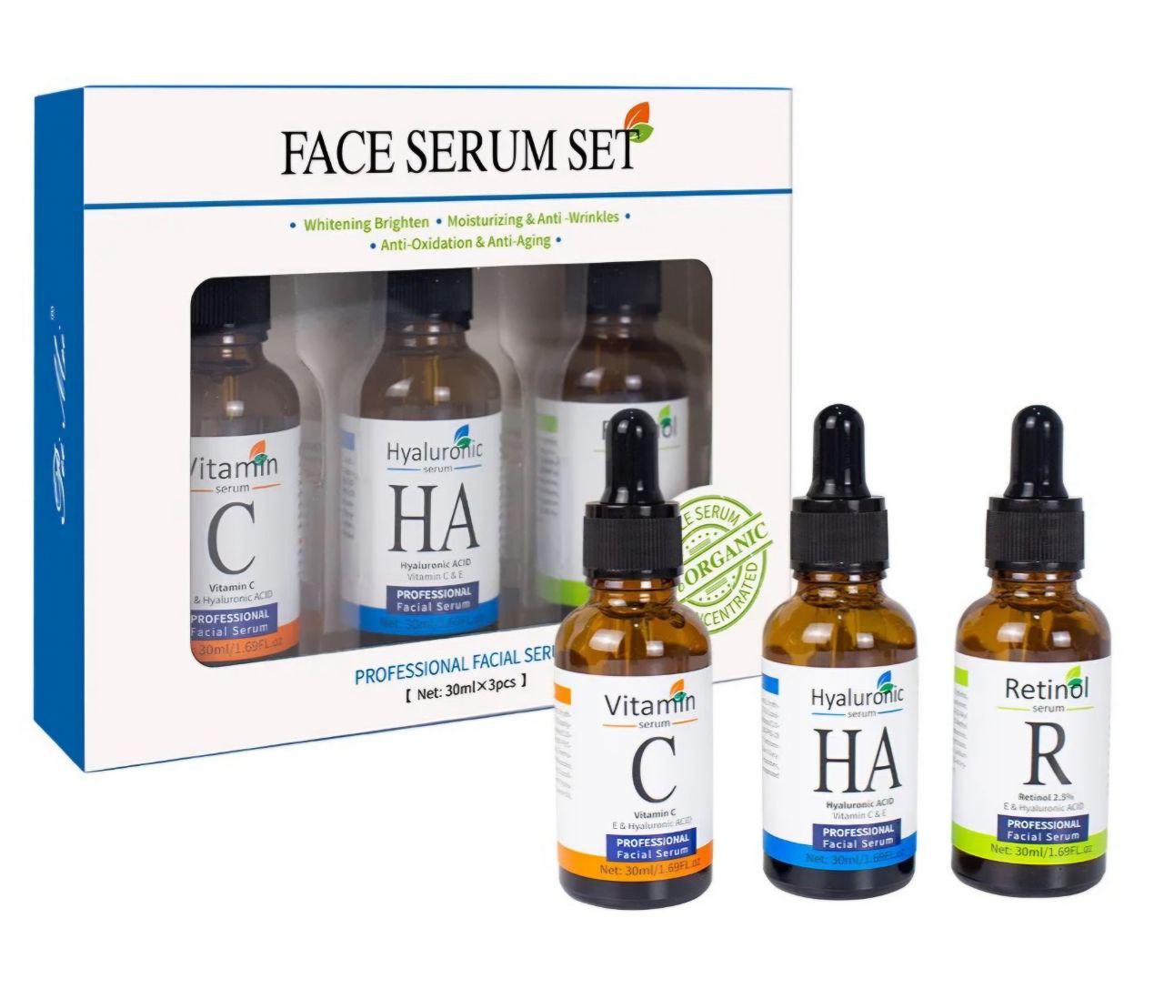 SET DE SUERO FACIAL CON VITAMINA C ACIDO HIALURONICO Y RETINOL 3PCS